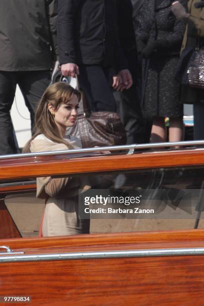 Actress Angelina Jolie is seen at the Piazzale della Stazione, filming on location for "The Tourist" on March 17, 2010 in Venice, Italy.