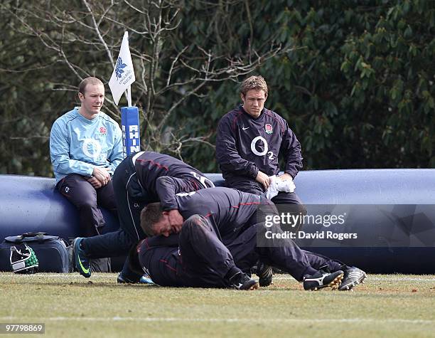 Jonny Wilkinson looks dejected during the England training session held at Pennyhill Park on March 17, 2010 in Bagshot, England.