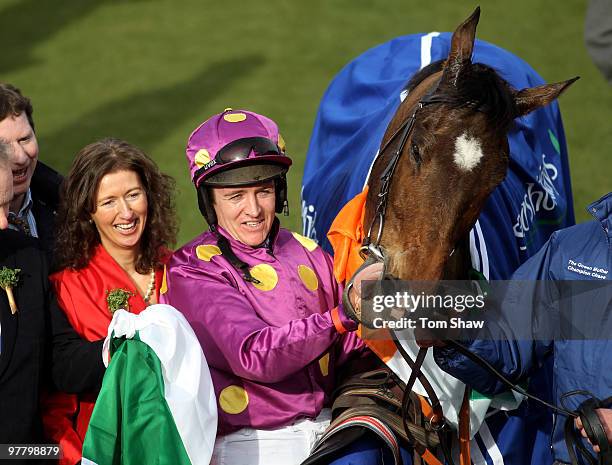 Big Zeb ridden by Barry Geraghty celebrates after winning the Seasons Holidays Queen Mother Champion Steeple Chase during day 2 of the Cheltenham...