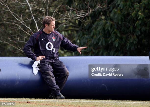 Jonny Wilkinson looks dejected as he sits during the England training session held at Pennyhill Park on March 17, 2010 in Bagshot, England.