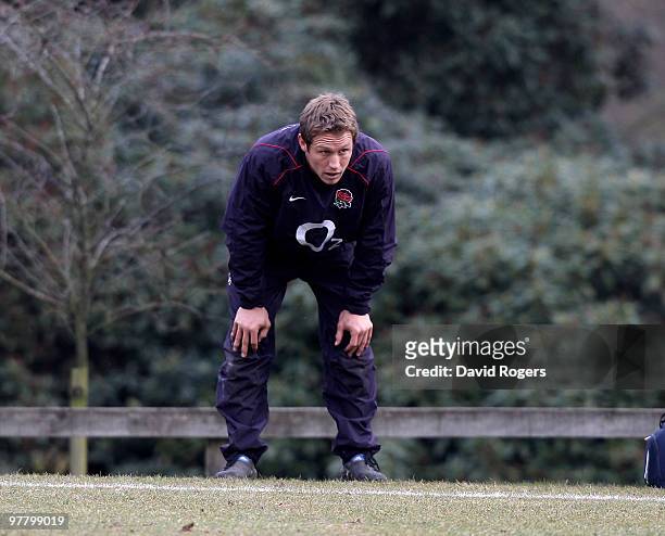 Jonny Wilkinson, looks dejected during the England training session held at Pennyhill Park on March 17, 2010 in Bagshot, England.