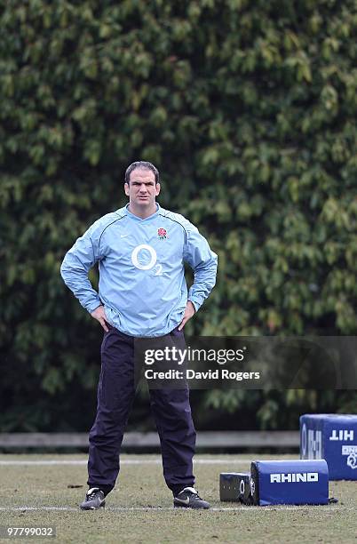 Martin Johnson, the England head coach looks on during the England training session held at Pennyhill Park on March 17, 2010 in Bagshot, England.