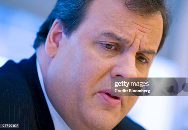 Chris Christie, governor of New Jersey, speaks during an interview in New York, U.S., on Wednesday, March 17, 2010. Christie wants funds from...