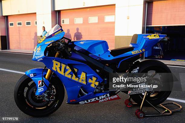 The bike of Alvaro Bautista of Spain and Rizla Suzuki MotoGP with the new colours poses in pit during the first day of testing at Losail Circuit on...