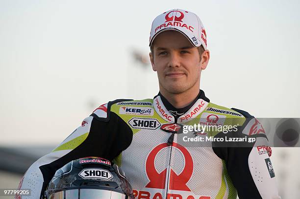 Mika Kallio of Finland and Pramac Green Energy Team poses on track during the first day of testing at Losail Circuit on March 17, 2010 in Doha, Qatar.