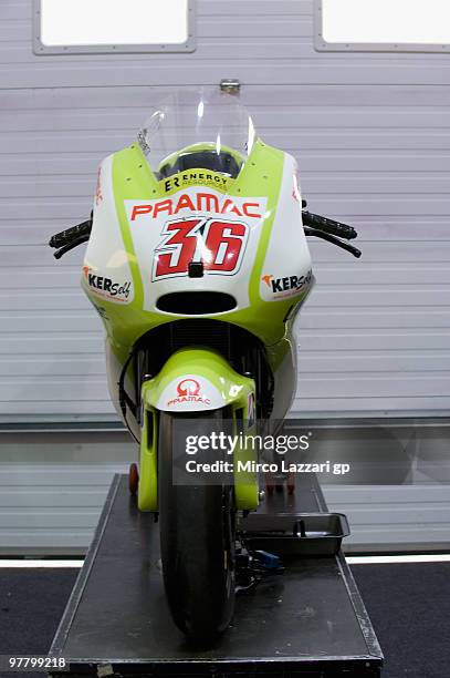 The bike of Mika Kallio of Finland and Pramac Green Energy Team poses with the new colours in box during the first day of testing at Losail Circuit...