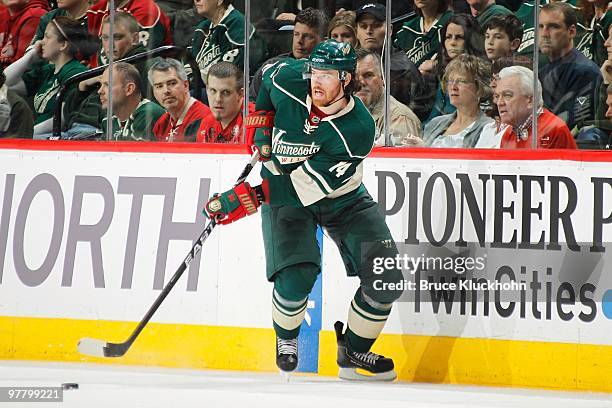 Martin Havlat of the Minnesota Wild skates with the puck against the St. Louis Blues during the game at the Xcel Energy Center on March 14, 2010 in...