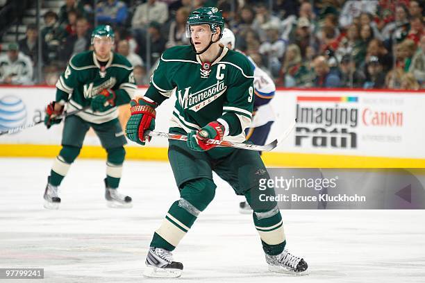 Mikko Koivu of the Minnesota Wild skates against the St. Louis Blues during the game at the Xcel Energy Center on March 14, 2010 in Saint Paul,...