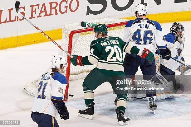 Antti Miettinen of the Minnesota Wild celebrates after scoring a goal against the St. Louis Blues during the game at the Xcel Energy Center on March...