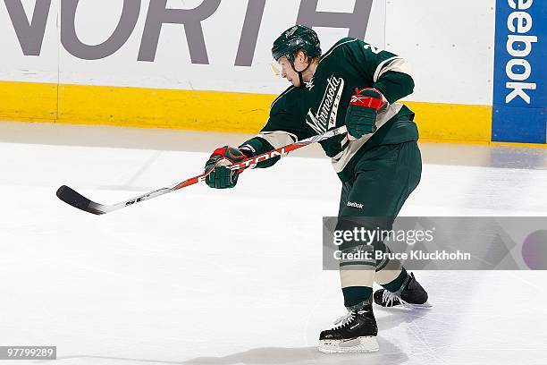 Antti Miettinen of the Minnesota Wild shoots the puck against the Florida Panthers during the game at the Xcel Energy Center on March 9, 2010 in...