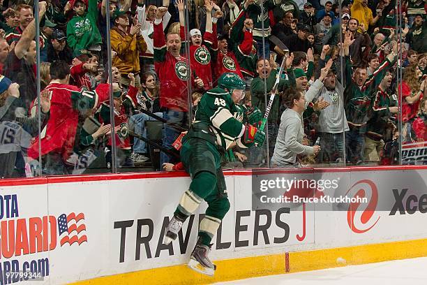 Guillaume Latendresse of the Minnesota Wild celebrates after scoring a goal against the St. Louis Blues during the game at the Xcel Energy Center on...