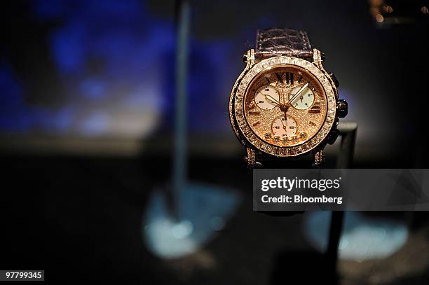 Chopard watches are seen on display at the Chopard stand at the Baselworld watch fair in Basel, Switzerland, on Wednesday, March 17, 2010. The...