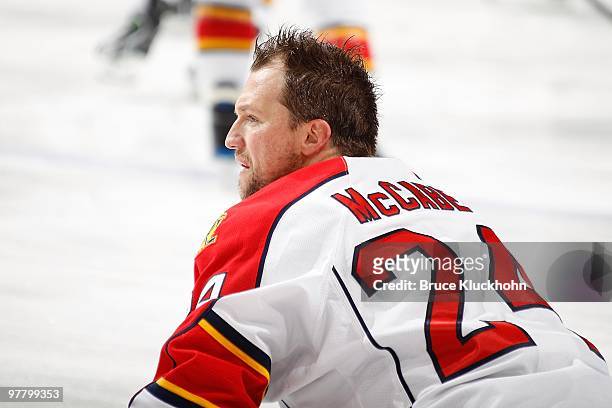 Bryan McCabe of the Florida Panthers stretches prior to the game Ginat the Minnesota Wild at the Xcel Energy Center on March 9, 2010 in Saint Paul,...