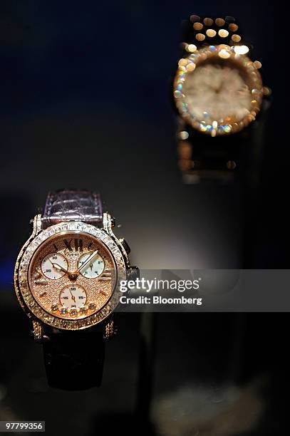 Chopard watches are seen on display at the Chopard stand at the Baselworld watch fair in Basel, Switzerland, on Wednesday, March 17, 2010. The...
