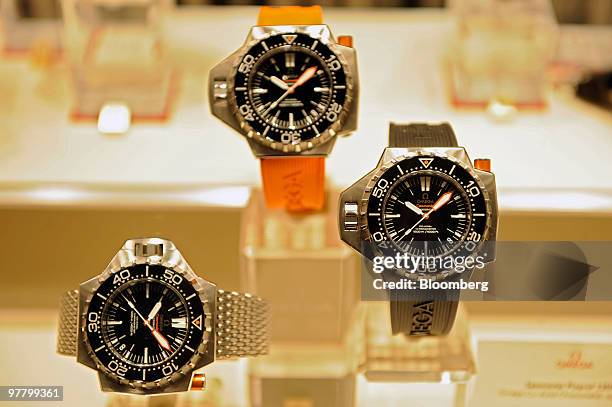 Omega watches are seen on display at the Omega stand at the Baselworld watch fair in Basel, Switzerland, on Wednesday, March 17, 2010. The Baselworld...