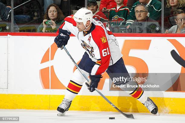 Cory Stillman of the Florida Panthers takes a shot against the Minnesota Wild during the game at the Xcel Energy Center on March 9, 2010 in Saint...