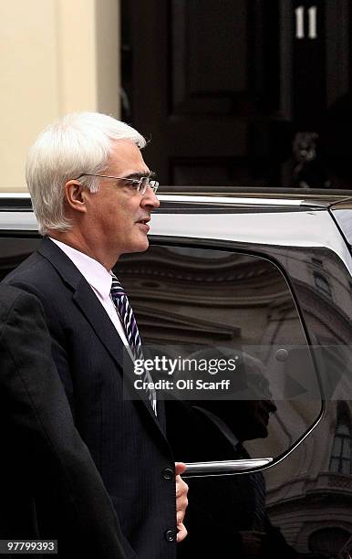 Alistair Darling, the Chancellor of the Exchequer, arrives at Number 11 Downing Street on March 17, 2010 in London, England. A report by the European...