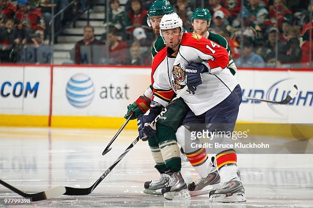 Radek Dvorak of the Florida Panthers and Guillaume Latendresse of the Minnesota Wild fight for position during the game at the Xcel Energy Center on...