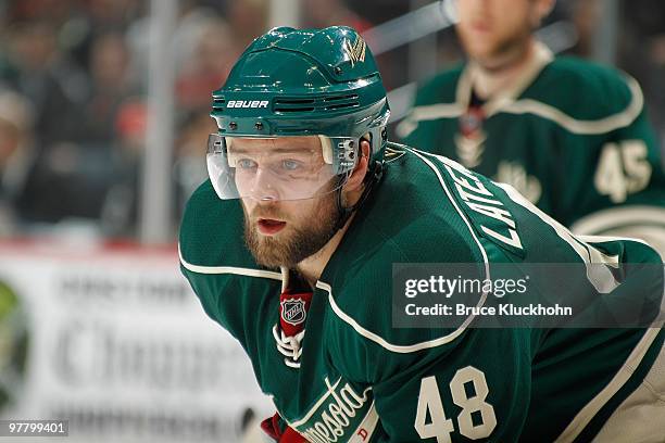 Guillaume Latendresse of the Minnesota Wild awaits a face-off against the Florida Panthers during the game at the Xcel Energy Center on March 9, 2010...