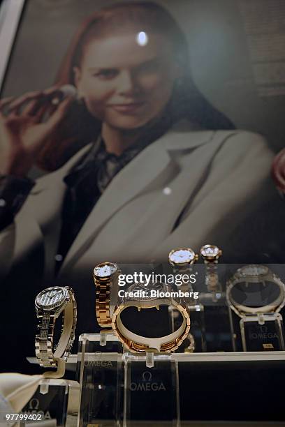 Omega watches are seen on display at the Omega stand at the Baselworld watch fair in Basel, Switzerland, on Wednesday, March 17, 2010. The Baselworld...