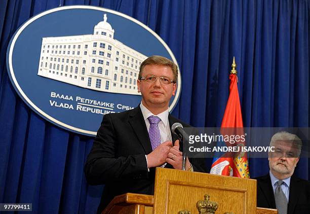 Enlargement Commissioner Stefan Fuele gestures during a joint press conference with Serbian Prime Minister Mirko Cvetkovic after their meeting in...