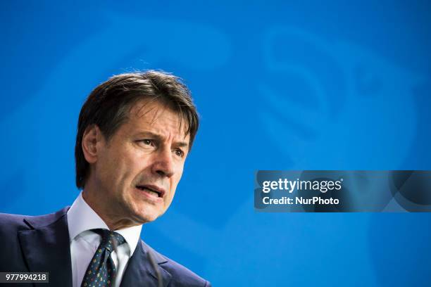 Italian Prime Minister Giuseppe Conte is pictured as he gives a statement to the press before his meeting at the Chancellery with German Chancellor...