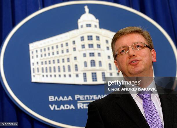 Enlargement Commissioner Stefan Fuele gestures during a joint press conference with Serbian Prime Minister Mirko Cvetkovic after their meeting in...