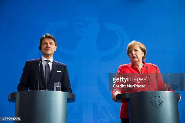 German Chancellor Angela Merkel and Italian Prime Minister Giuseppe Conte give a statement to the press before their meeting at the Chancellery in...