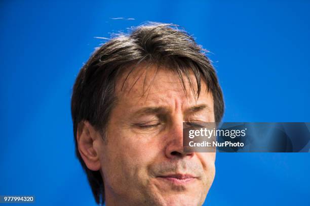 Italian Prime Minister Giuseppe Conte is pictured as he gives a statement to the press before his meeting at the Chancellery with German Chancellor...