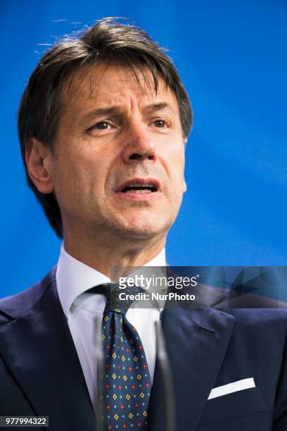 Italian Prime Minister Giuseppe Conte is pictured as he gives a statement to the press before his meeting at the Chancellery with German Chancellor...