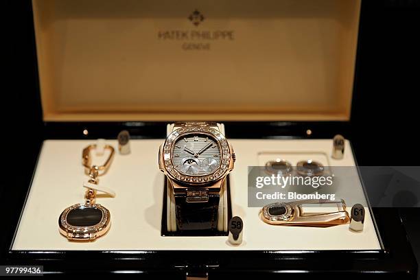 Patek Philippe watches are seen on display at the Baselworld watch fair in Basel, Switzerland, on Wednesday, March 17, 2010. The Baselworld Watch...