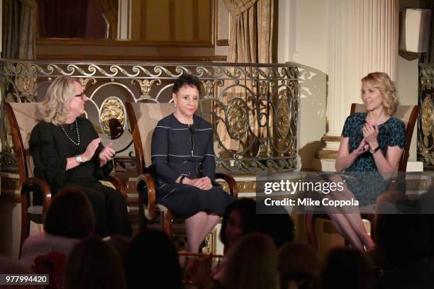 Deirdre Quinn, Sheila Johnson, and Paula Zahn speak onstage during the 8th Annual Elly Awards hosted by the Women's Forum of New York at The Plaza...