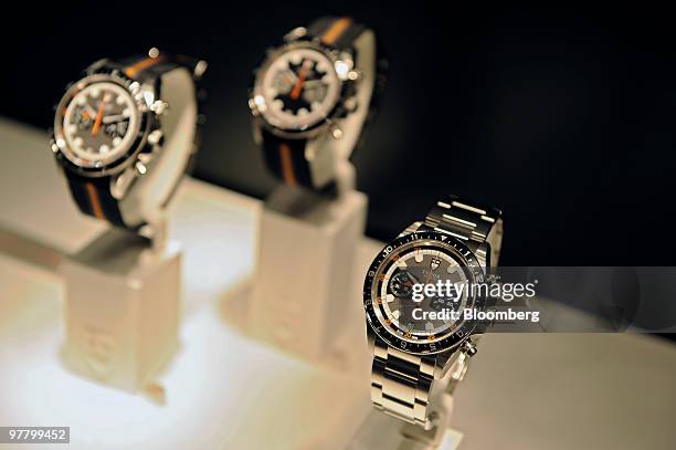 Rolex watches are seen on display at the Rolex stand at the Baselworld watch fair in Basel, Switzerland, on Wednesday, March 17, 2010. The Baselworld...