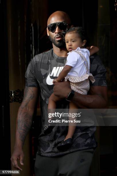 Basketball star Kobe Bryant and his daughter Bianka Bella leave their hotel on June 18, 2018 in Paris, France.