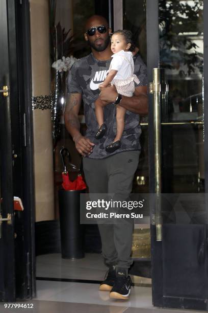 Basketball star Kobe Bryant and his daughter Bianka Bella leave their hotel on June 18, 2018 in Paris, France.