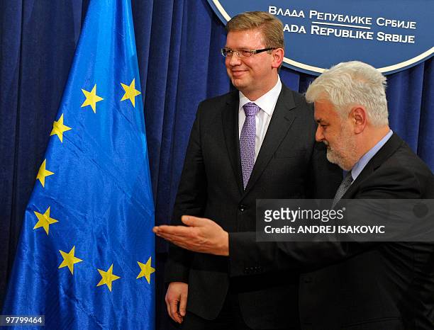 Enlargement Commissioner Stefan Fuele leaves a joint press conference with Serbian Prime Minister Mirko Cvetkovic after their meeting in Belgrade, on...