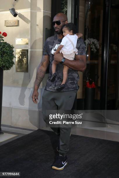 Basketball star Kobe Bryant and his daughter Bianka Bella leave their hotel on June 18, 2018 in Paris, France.