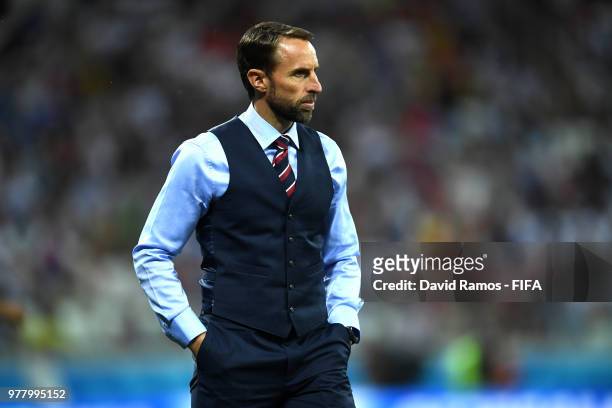 Gareth Southgate, Manager of England looks on during the 2018 FIFA World Cup Russia group G match between Tunisia and England at Volgograd Arena on...