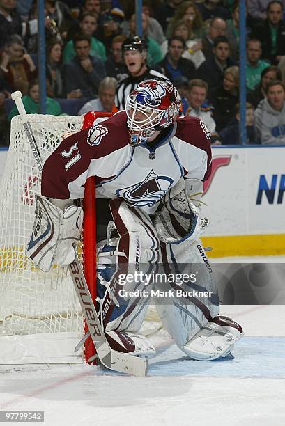 Peter Budaj the Colorado Avalanche watches the action against the St. Louis Blues on March 16, 2010 at Scottrade Center in St. Louis, Missouri.