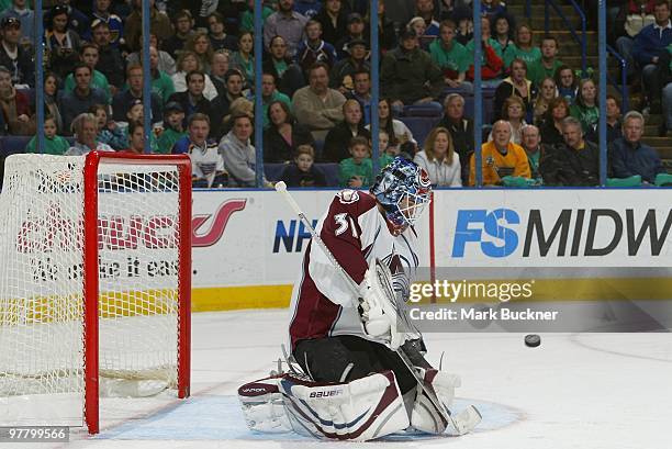 Peter Budaj of the Colorado Avalanche makes a save against the St. Louis Blues on March 16, 2010 at Scottrade Center in St. Louis, Missouri.