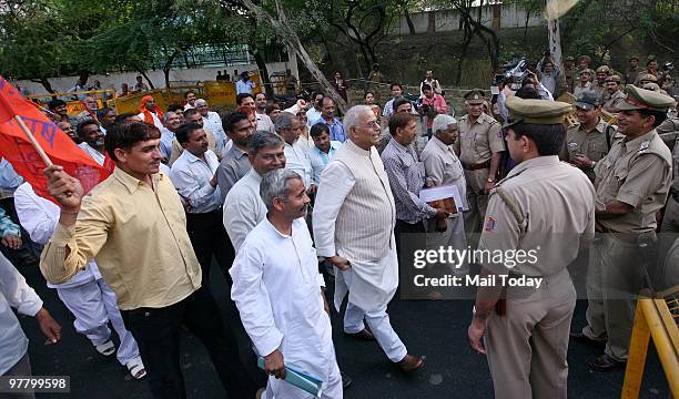 Former Union minister Yashwant Sinha along with DTC employees protest in New Delhi on Tuesday, March 16, 2010.