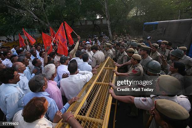 Former Union minister Yashwant Sinha along with DTC employees protest in New Delhi on Tuesday, March 16, 2010.