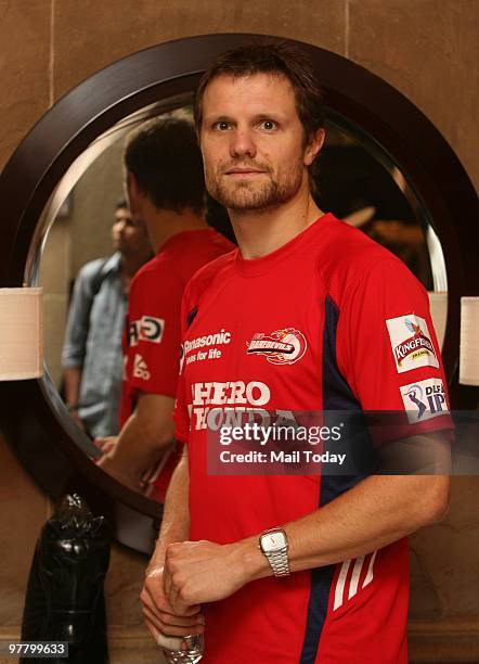 Dirk Nannes at a press conference for the upcoming Delhi Daredevils match against Mumbai Indians in New Delhi on Tuesday, March 16, 2010.