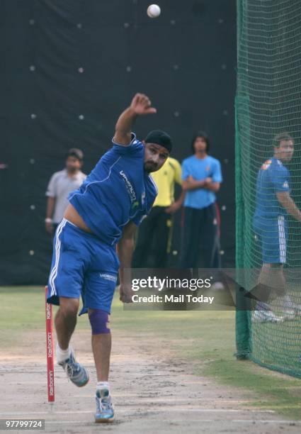 Harbhajan Singh practices for the upcoming Mumbai Indians match against Delhi Daredevils at the Ferozeshah Kotla Grounds in New Delhi on Tuesday,...