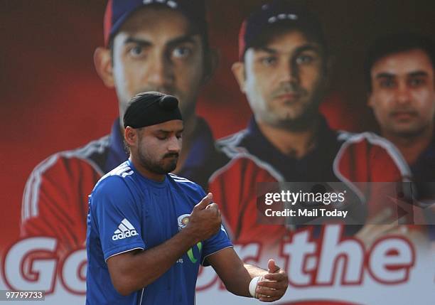 Harbhajan Singh practices for the upcoming Mumbai Indians match against Delhi Daredevils in New Delhi on Tuesday, March 16, 2010.