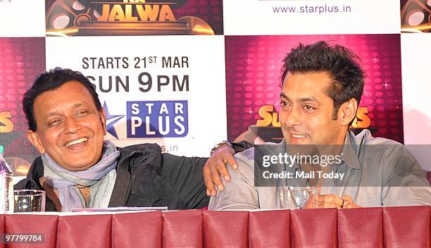 Mithun Chakraborty and Salman Khan at a press conference for the show Superstars Ka Jalwa in Mumbai on Tuesday, March 15, 2010.