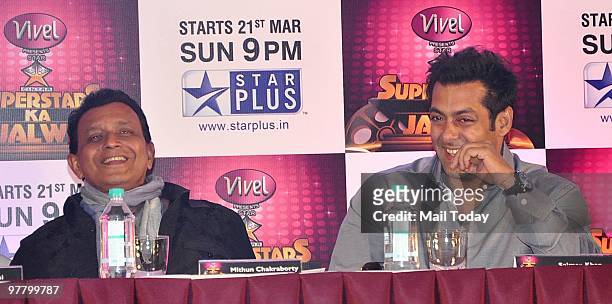 Mithun Chakraborty and Salman Khan at a press conference for the show Superstars Ka Jalwa in Mumbai on Tuesday, March 15, 2010.