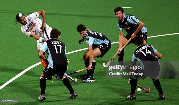 Action from the India Vs Argentina Hockey World Cup match at the Major Dhyan Chand national stadium in New Delhi on March 12, 2010. India lost the...