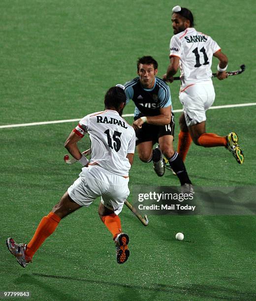 Action from the India Vs Argentina Hockey World Cup match at the Major Dhyan Chand national stadium in New Delhi on March 12, 2010. India lost the...