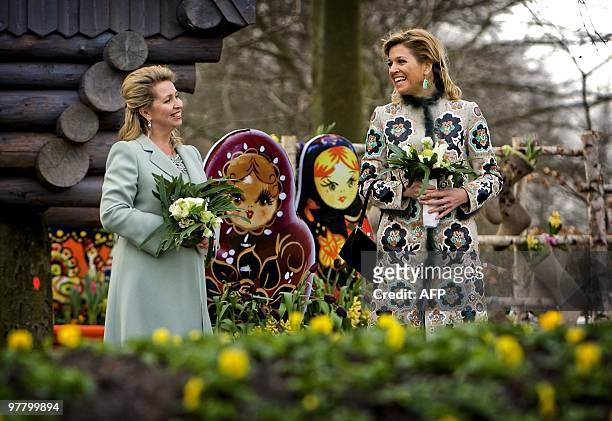 Russian first lady Svetlana Medvedeva smiles as she opens with Dutch princess Maxima the 61st annual flower show on March 17 at Keukenhof in Lisse...